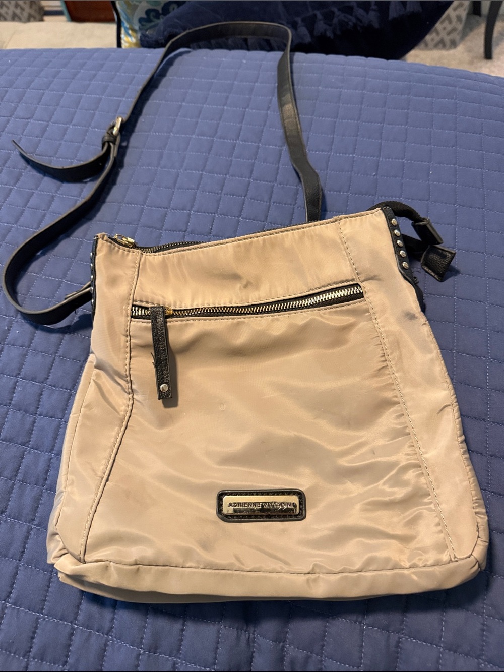Adrienne Vittadini Beige Nylon Crossbody with Black Trim